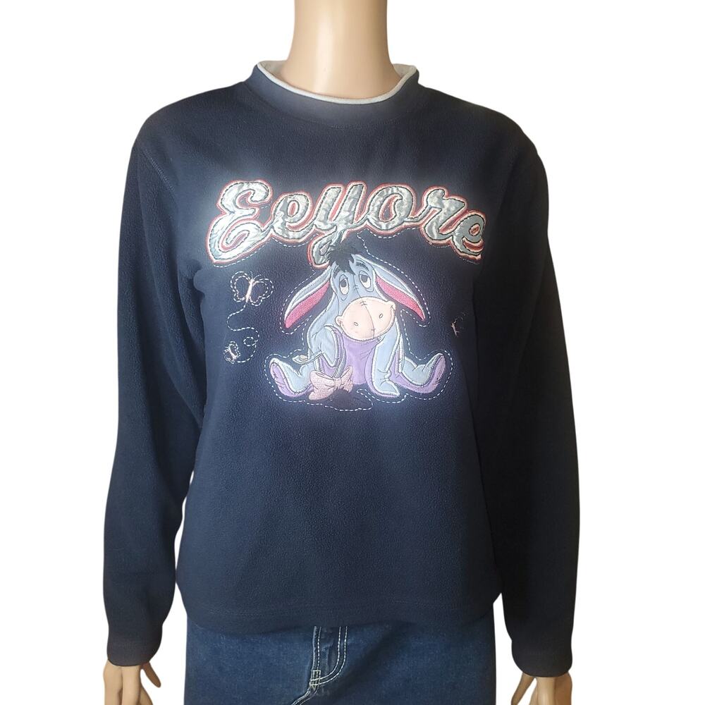 Disney Y2k Embroidered Eeyore Appliqué with Decorate Stitch Blue Fleece Size S